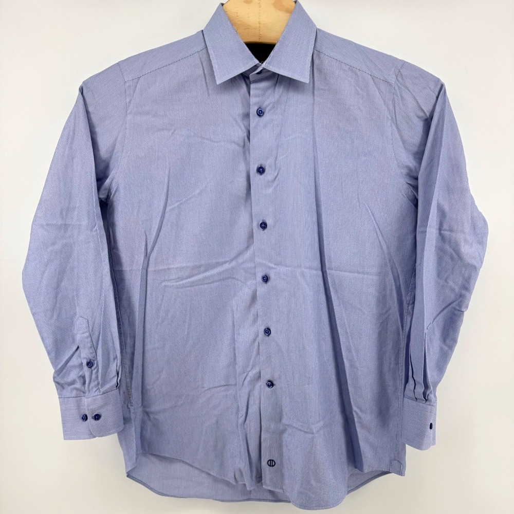 David Donahue‎ Dress Shirt Mens 15.5 34/35 Blue Trim Fit Cotton Textured Spread - Picture 2 of 6